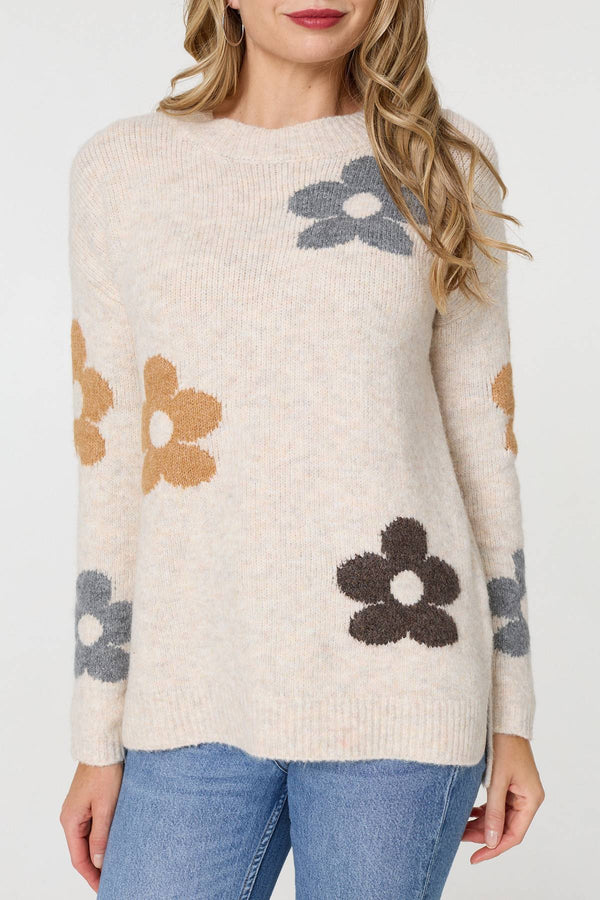 Beige | Floral Textured Knit Long Sleeve Jumper