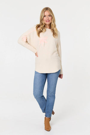 Beige | Floral Long Batwing Sleeve Relaxed Top
