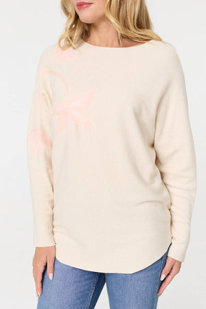 Beige | Floral Long Batwing Sleeve Relaxed Top
