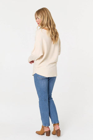 Beige | Floral Long Batwing Sleeve Relaxed Top
