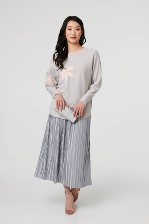 Grey | Floral Long Batwing Sleeve Relaxed Top
