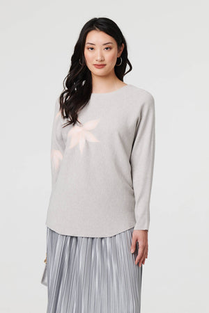 Grey | Floral Long Batwing Sleeve Relaxed Top : Model is 5'9
