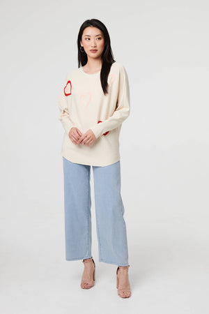 Beige | Heart Print Batwing Sleeve Jumper


