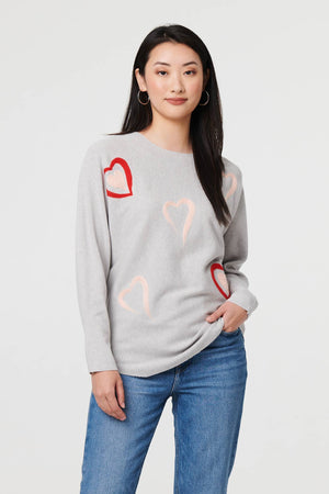 Grey | Heart Print Batwing Sleeve Jumper : Model is 5'9