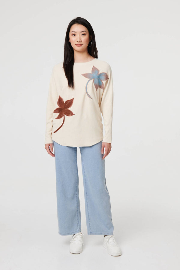 Beige | Leaf Print Batwing Sleeve Relaxed Top
