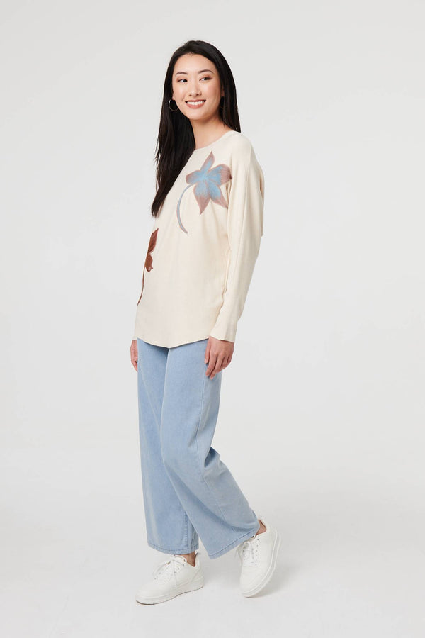 Beige | Leaf Print Batwing Sleeve Relaxed Top
