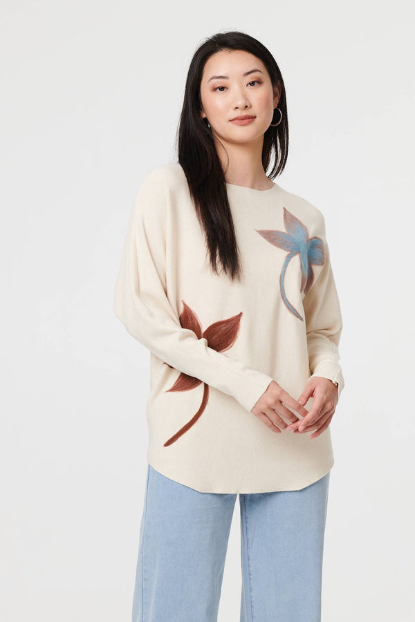 Beige | Leaf Print Batwing Sleeve Relaxed Top
