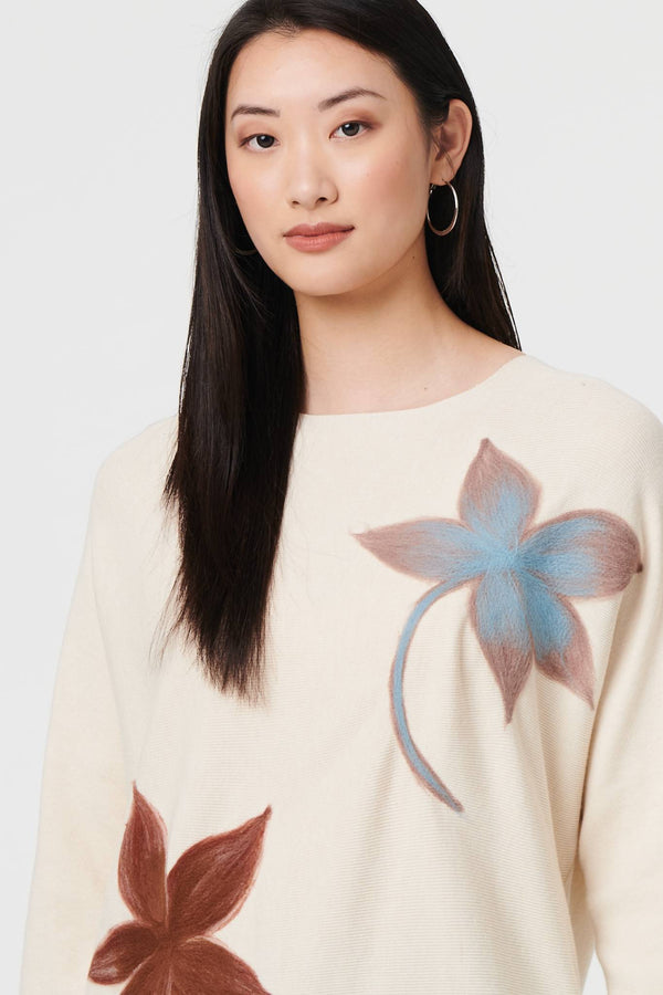 Beige | Leaf Print Batwing Sleeve Relaxed Top
