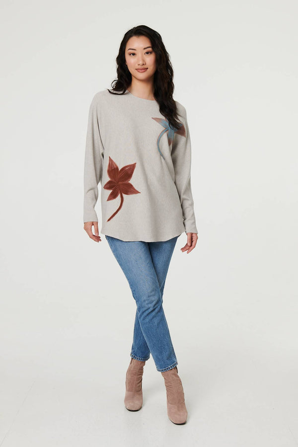 Grey | Leaf Print Batwing Sleeve Relaxed Top

