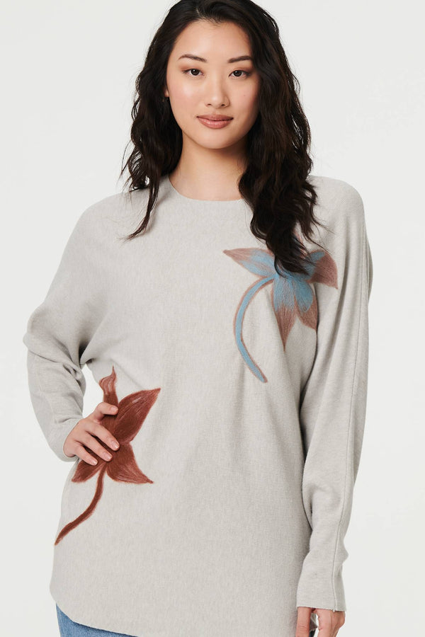 Grey | Leaf Print Batwing Sleeve Relaxed Top
