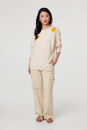 Beige | Floral Embellished Batwing Sleeve Jumper
