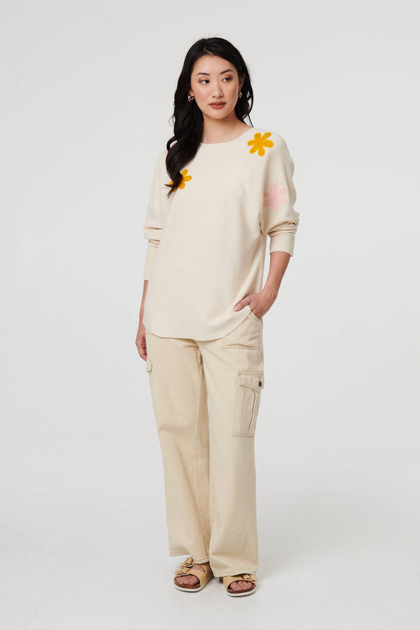 Beige | Floral Embellished Batwing Sleeve Jumper
