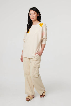 Beige | Floral Embellished Batwing Sleeve Jumper
