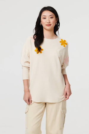 Beige | Floral Embellished Batwing Sleeve Jumper : Model is 5'9