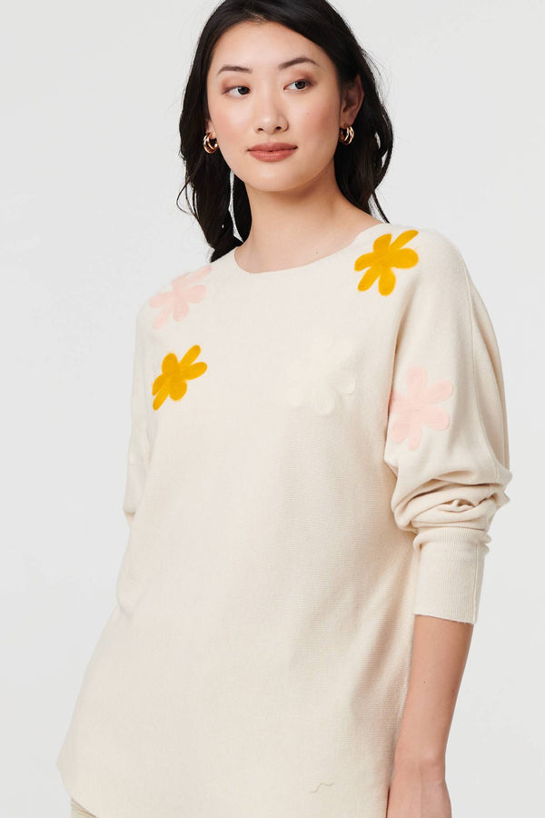 Beige | Floral Embellished Batwing Sleeve Jumper
