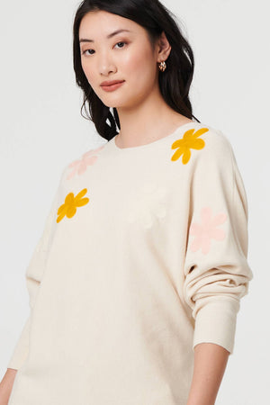 Beige | Floral Embellished Batwing Sleeve Jumper
