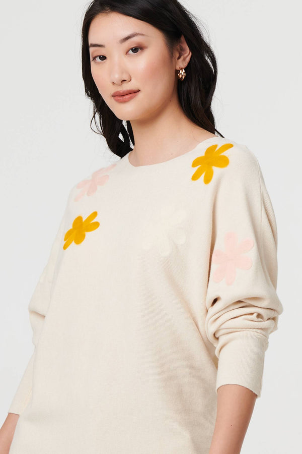 Beige | Floral Embellished Batwing Sleeve Jumper
