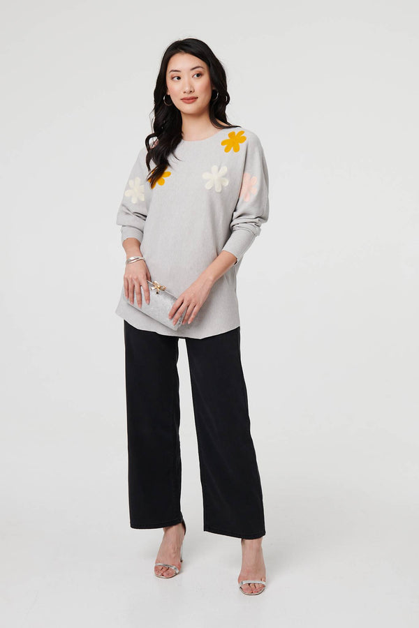 Grey | Floral Embellished Batwing Sleeve Jumper
