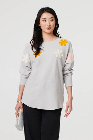 Grey | Floral Embellished Batwing Sleeve Jumper : Model is 5'9