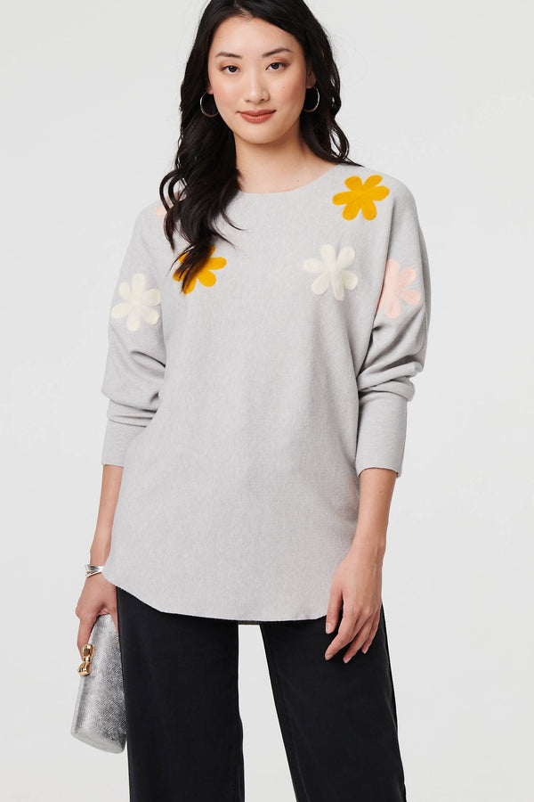 Grey | Floral Embellished Batwing Sleeve Jumper
