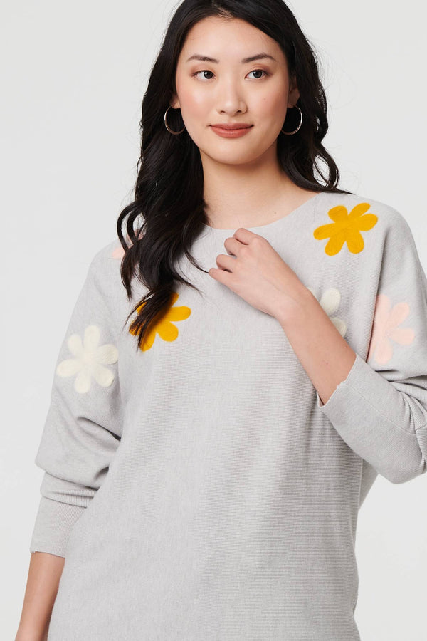 Grey | Floral Embellished Batwing Sleeve Jumper

