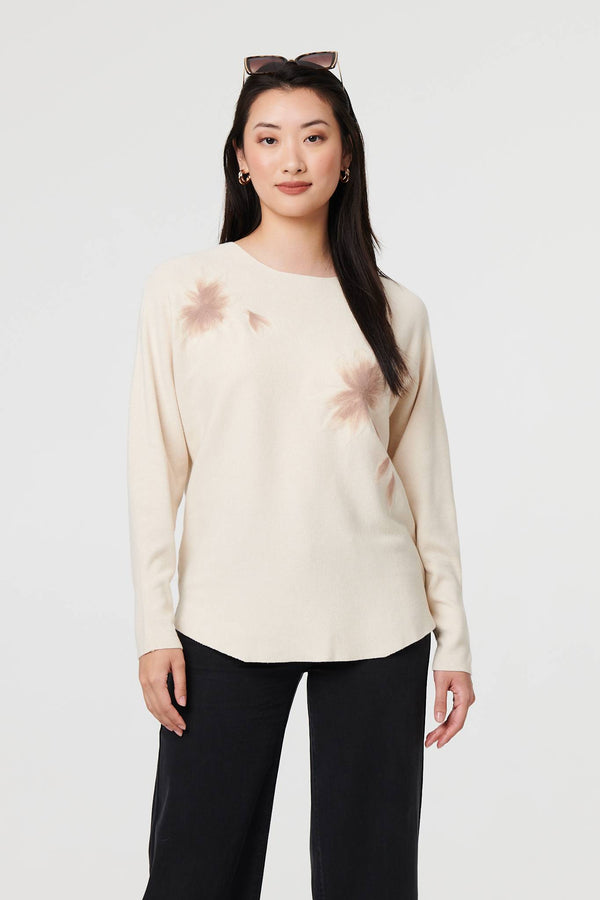 Beige | Floral Relaxed Batwing Sleeve Jumper