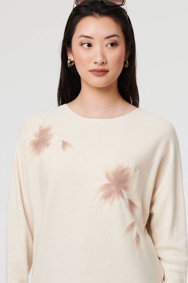 Beige | Floral Relaxed Batwing Sleeve Jumper