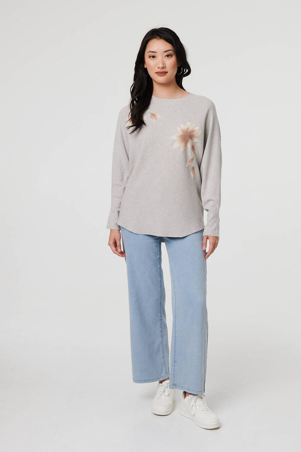 Grey | Floral Relaxed Batwing Sleeve Jumper