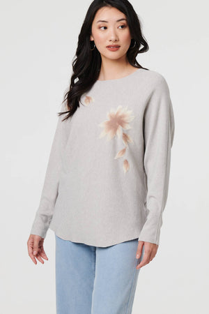 Grey | Floral Relaxed Batwing Sleeve Jumper : Model is 5'9
