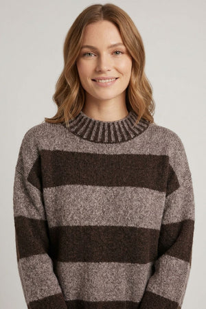 Chocolate | Striped Drop Shoulder High Neck Jumper