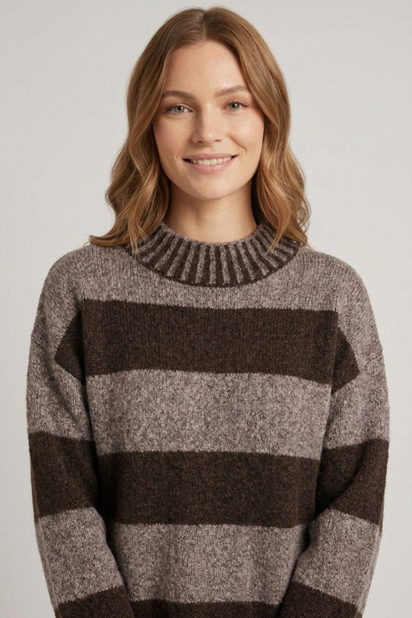 Chocolate | Striped Drop Shoulder High Neck Jumper