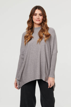 Grey | High Neck Batwing Sleeve Relaxed Jumper ; Model is 5'9