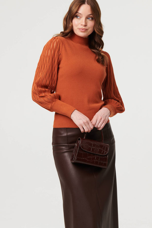 Rust | High Neck Textured Long Sleeve Jumper
