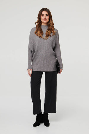 Grey | Striped Texture Batwing Sleeve Jumper
