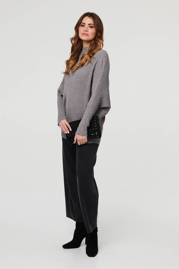 Grey | Striped Texture Batwing Sleeve Jumper
