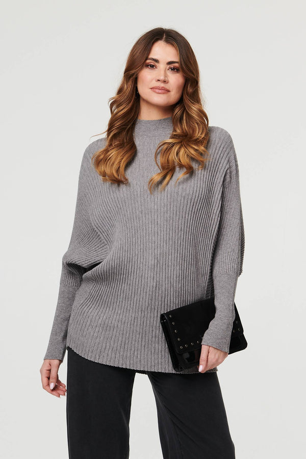 Grey | Striped Texture Batwing Sleeve Jumper

