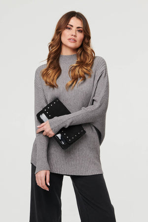 Grey | Striped Texture Batwing Sleeve Jumper : Model is 5'9