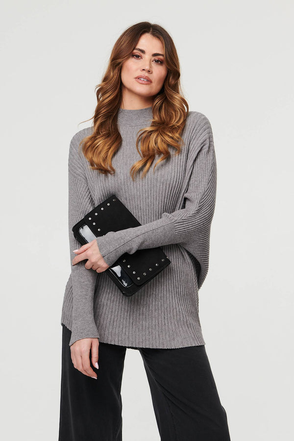 Grey | Striped Texture Batwing Sleeve Jumper
