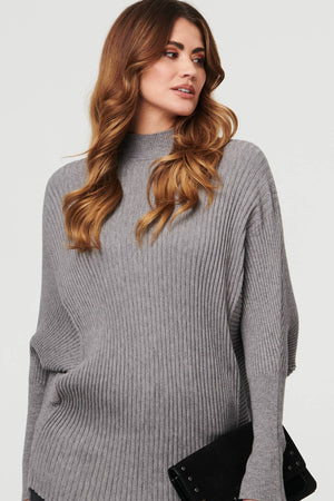 Grey | Striped Texture Batwing Sleeve Jumper
