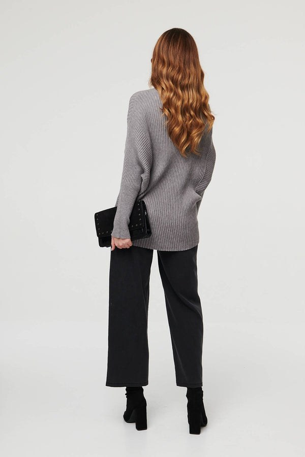 Grey | Striped Texture Batwing Sleeve Jumper
