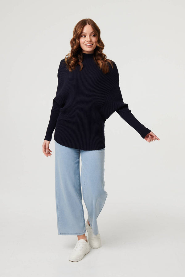 Navy | Striped Texture Batwing Sleeve Jumper
