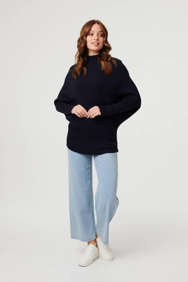 Navy | Striped Texture Batwing Sleeve Jumper
