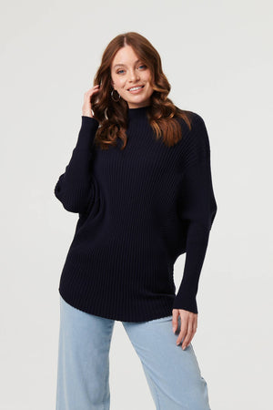 Navy | Striped Texture Batwing Sleeve Jumper : Model is 5'9