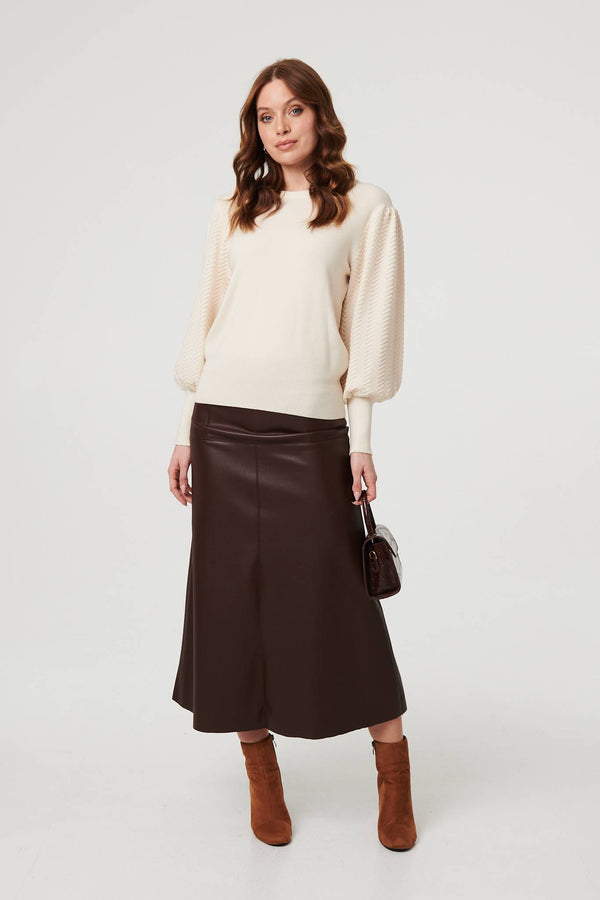 Beige | Chevron Texture Balloon Sleeve Jumper
