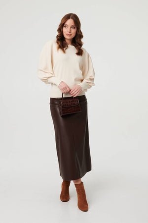 Beige | Chevron Texture Balloon Sleeve Jumper
