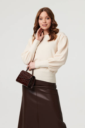 Beige | Chevron Texture Balloon Sleeve Jumper
