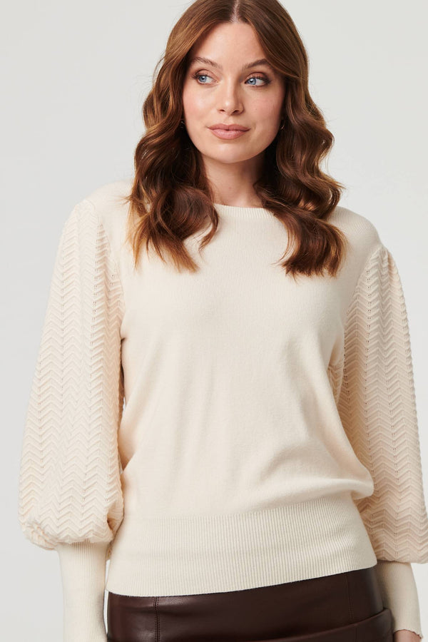 Beige | Chevron Texture Balloon Sleeve Jumper
