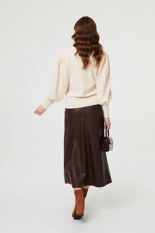 Beige | Chevron Texture Balloon Sleeve Jumper
