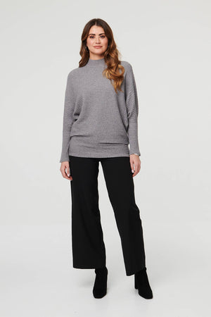 Grey | Striped Texture High Neck Relaxed Jumper
