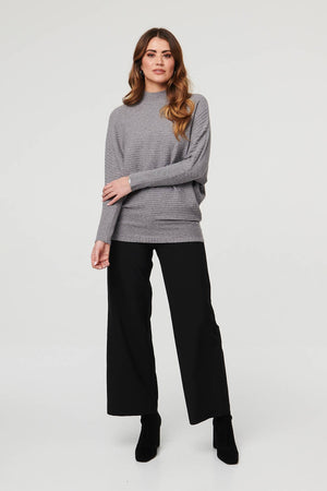 Grey | Striped Texture High Neck Relaxed Jumper

